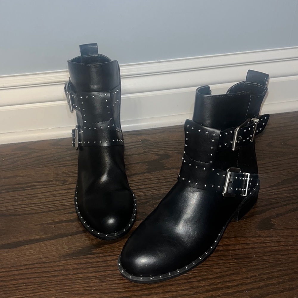 Black leather buckle ankle boots with studs